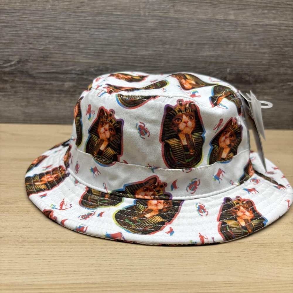 Original Chuck Hat Bucket Fitted One Size White Cat Pharaoh Allover Print NWT - Picture 9 of 12